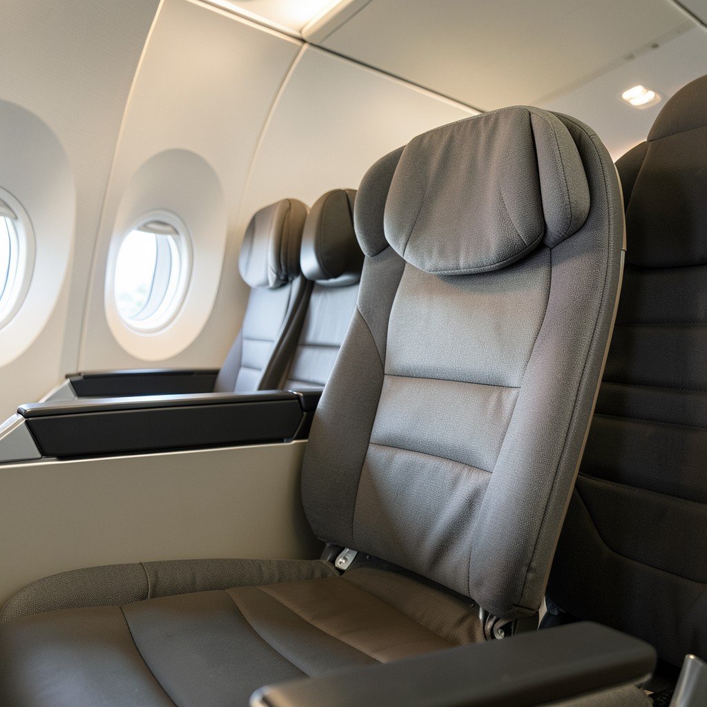 Close up shot of modern airline seats inside a premium cabin, soft lighting, high quality fabric texture, professional photography, 4:3.