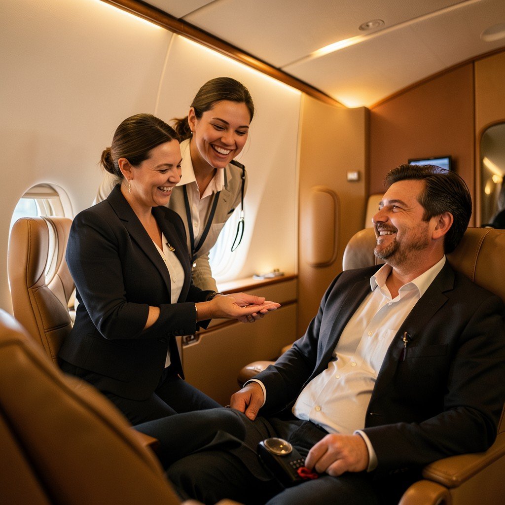 A flight attendant smiling while serving a passenger in a luxury airplane cabin, warm and inviting atmosphere, realistic, 4:3.