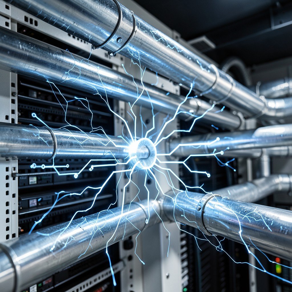 Close-up shot of server room cooling pipes and abstract digital circuit aesthetics, energy flow visualization, clean industrial design, hyper-realistic, 1:1