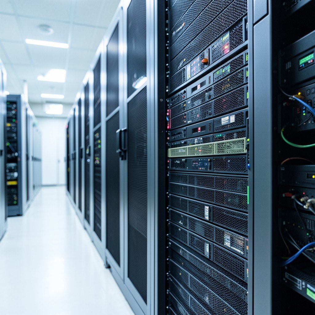 Modern server racks in a brightly lit, sterile, and organized data center environment, depth of field focus on hardware components, hyper-realistic, 4:3