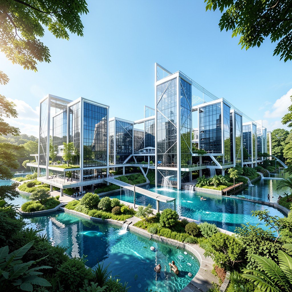 A futuristic energy efficient data center complex integrated with nature and water sustainability features, wide angle view, bright daylight, hyper-realistic, 4:3