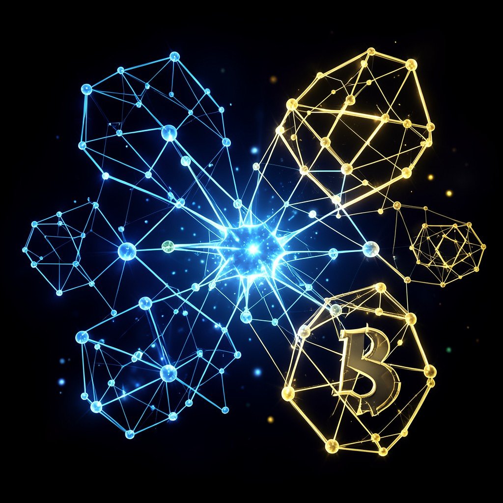 Abstract visualization of digital neural networks and cryptocurrency blockchain symbols, glowing blue and gold, high quality, 4:3