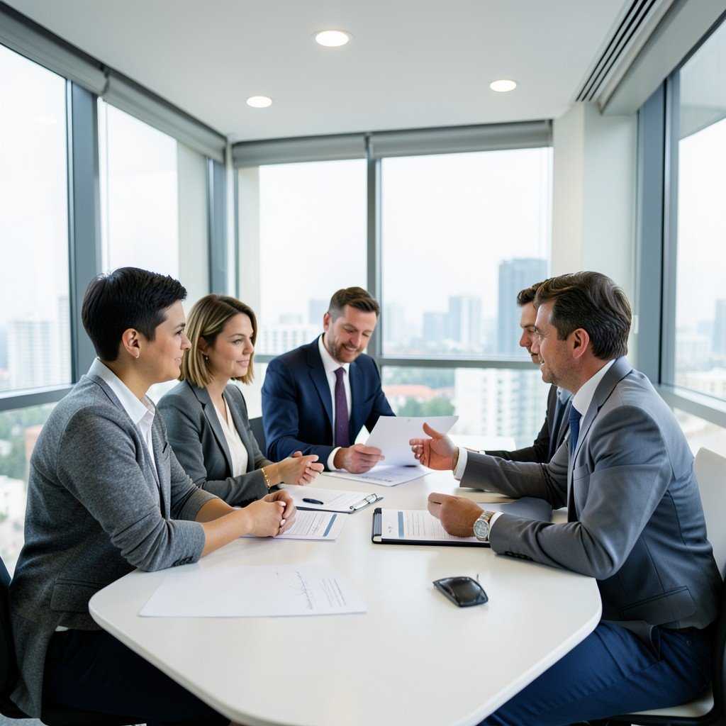 Business people in a modern meeting room discussing strategy, professional setting, realistic photography, 4:3