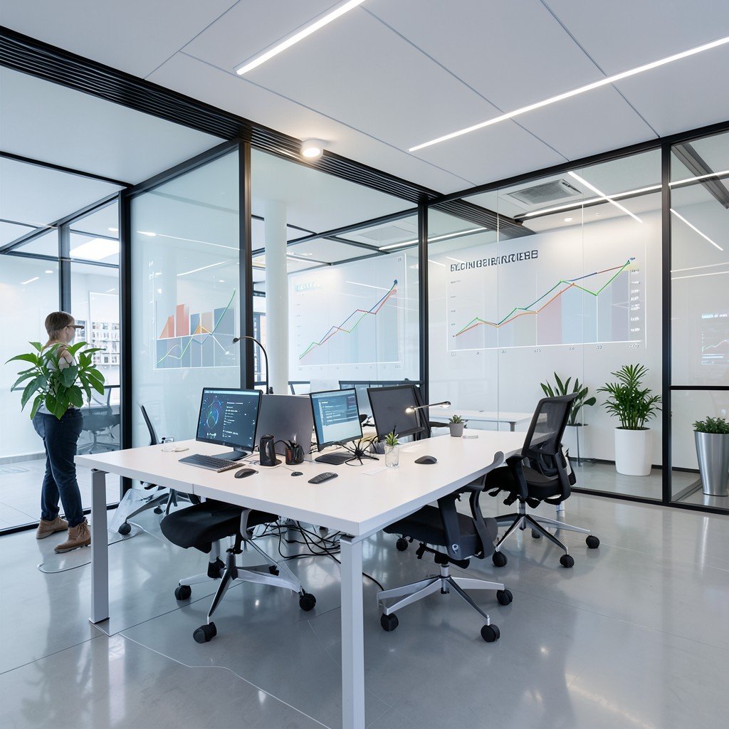 Modern digital office environment with analytical charts, futuristic design, clean composition, 4:3