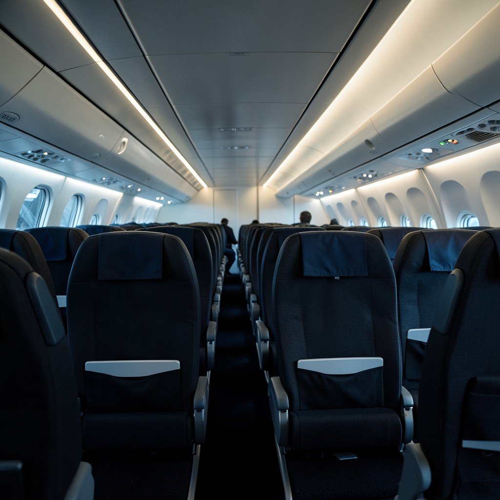 Modern airplane interior with rows of seats, focus on the back of the seats, comfortable cabin environment, high-tech travel atmosphere, cinematic lighting, wide angle shot, 16:9 aspect ratio.