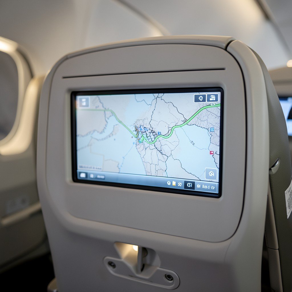 Close-up of an airplane seatback screen showing a flight map and entertainment interface, clean interior design, soft ambient cabin lighting, realistic photography, 16:9 aspect ratio.
