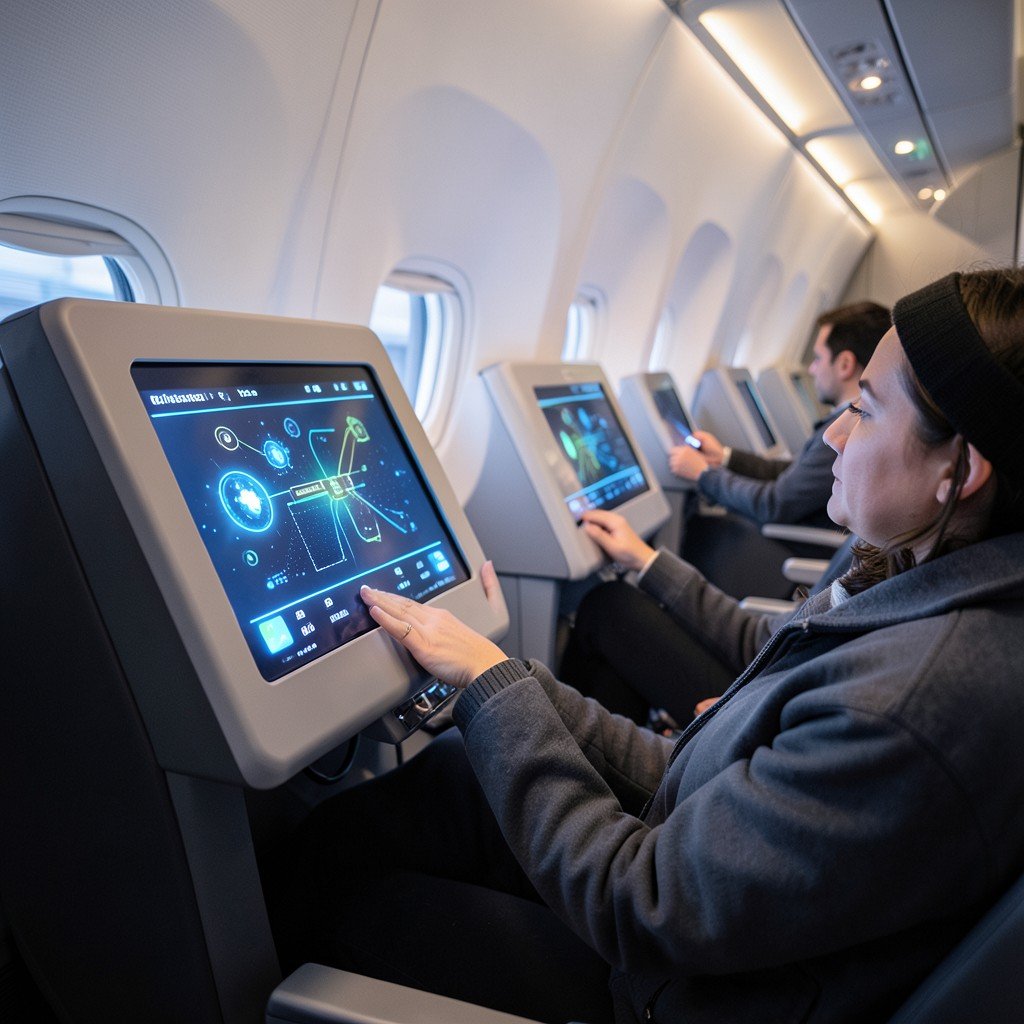 A passenger using a touchscreen display on an airplane seat, glowing interface, relaxed atmosphere, professional interior, high resolution, 16:9 aspect ratio.