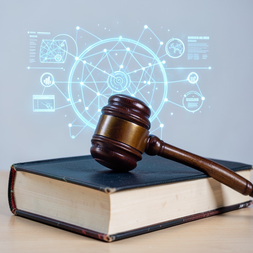 A gavel resting on a stack of law books with a glowing digital network interface in the background, professional and clean atmosphere, 4:3 ratio.