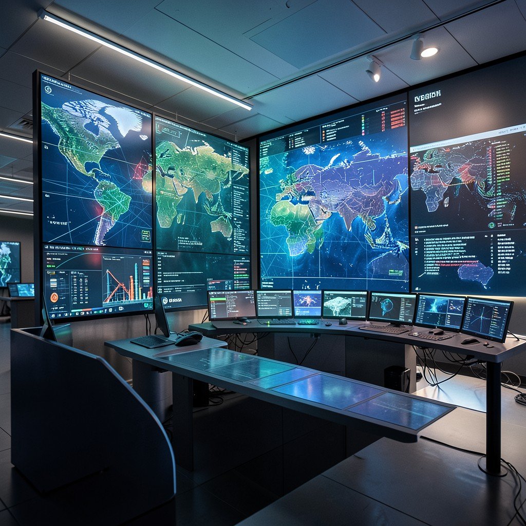 Modern military command center with large data screens displaying global logistics and AI, sleek professional environment, cinematic lighting, 4:3 ratio.