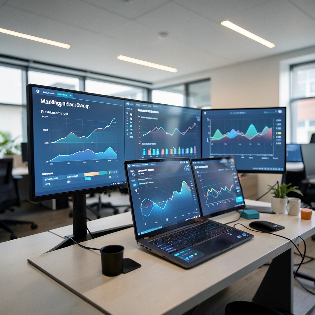 A professional workspace with high-tech screens showing clean data visualization, focus on marketing and business growth, modern aesthetic, soft office lighting, 4:3 aspect ratio.