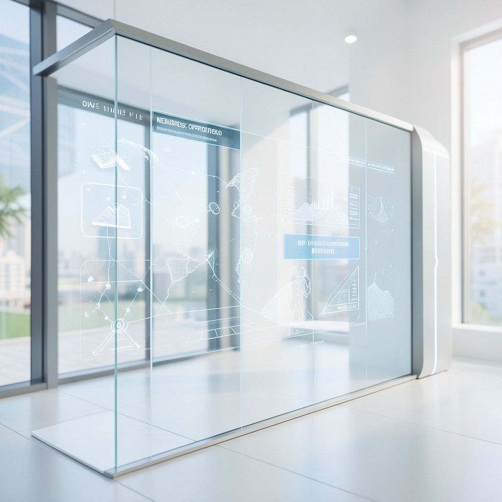 A futuristic digital gateway in a bright setting, representing new business opportunities and innovation, clean textures, soft cinematic lighting, 4:3 aspect ratio.