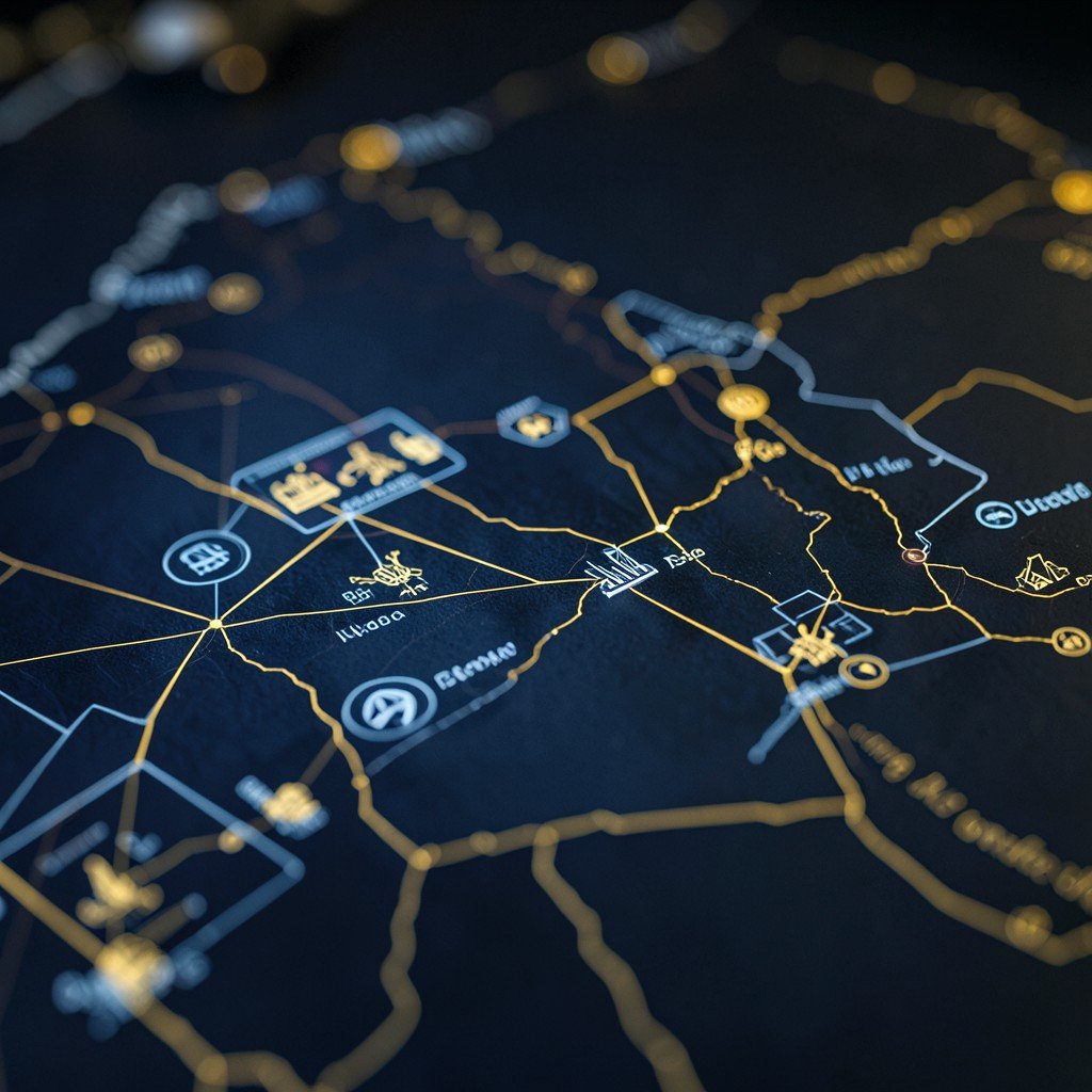 Close-up of a tactical map showing Middle Eastern region with digital military interface symbols, focus on defensive systems, dark blue and gold tones, cinematic lighting, professional analytical environment, 4:3 aspect ratio.