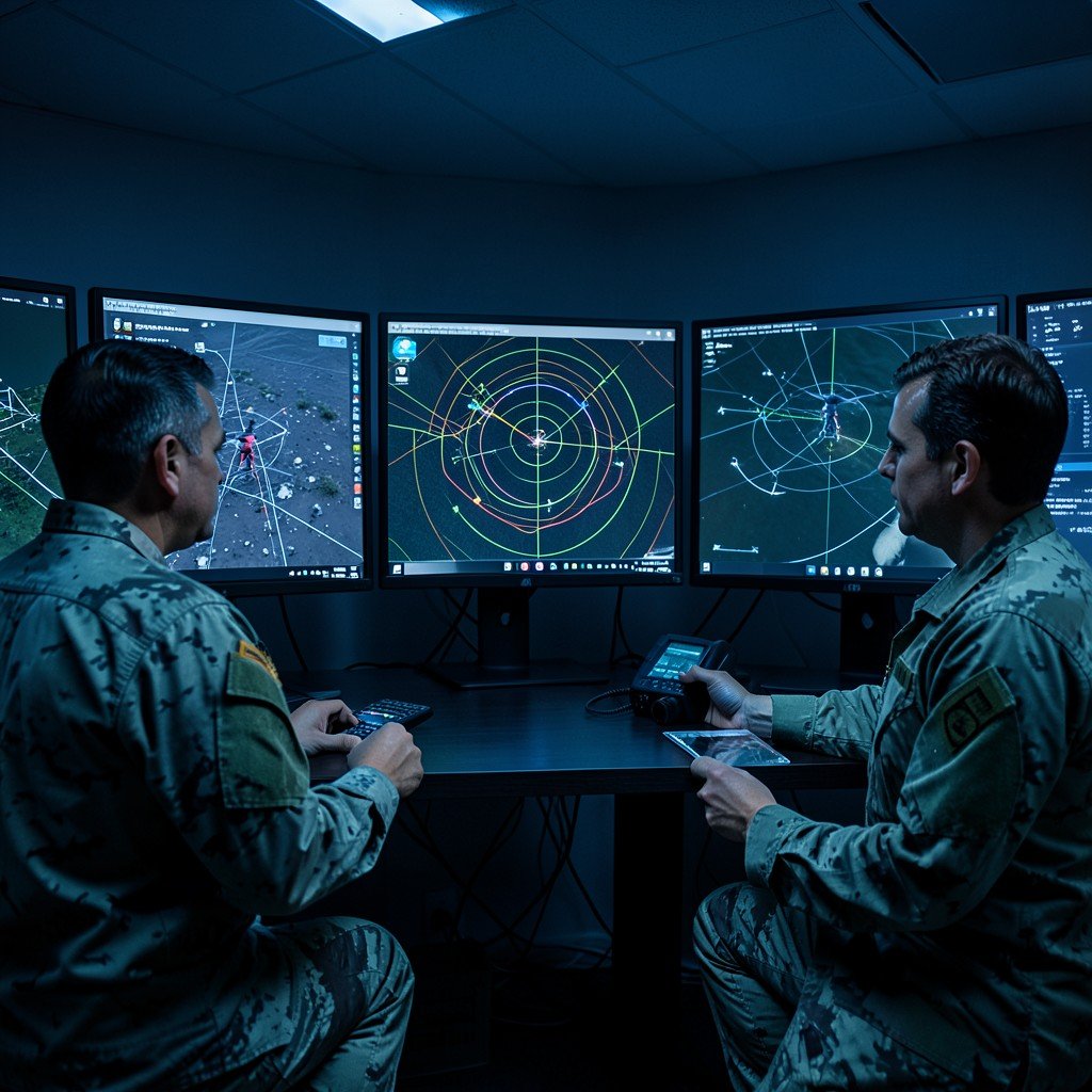 Technical briefing scene with military advisors, monitors showing radar patterns and drone tracking, dark room with cool blue light, professional military consulting, highly detailed, 4:3 aspect ratio.