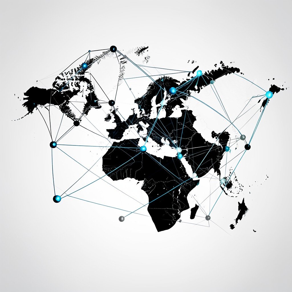Modern abstract illustration of interconnected global security network, digital nodes and lines connecting Eastern Europe and Middle East, professional clean background, business and geopolitics concept, high contrast, 4:3 aspect ratio.