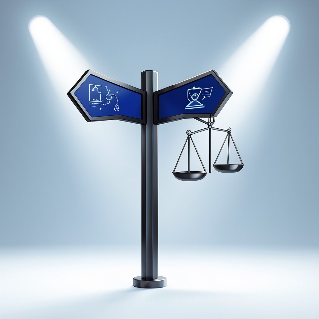 A conceptual illustration of a crossroads signpost with digital icons, balance scale between law and innovation, bright studio lighting, minimalist style, 4:3 aspect ratio.