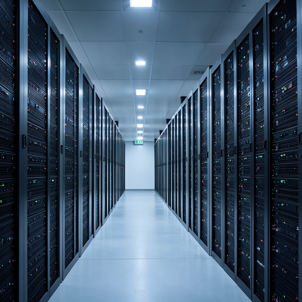 A massive modern data center interior with endless rows of server racks, soft cool lighting, symmetrical architecture, professional photographic style, 4:3 aspect ratio.