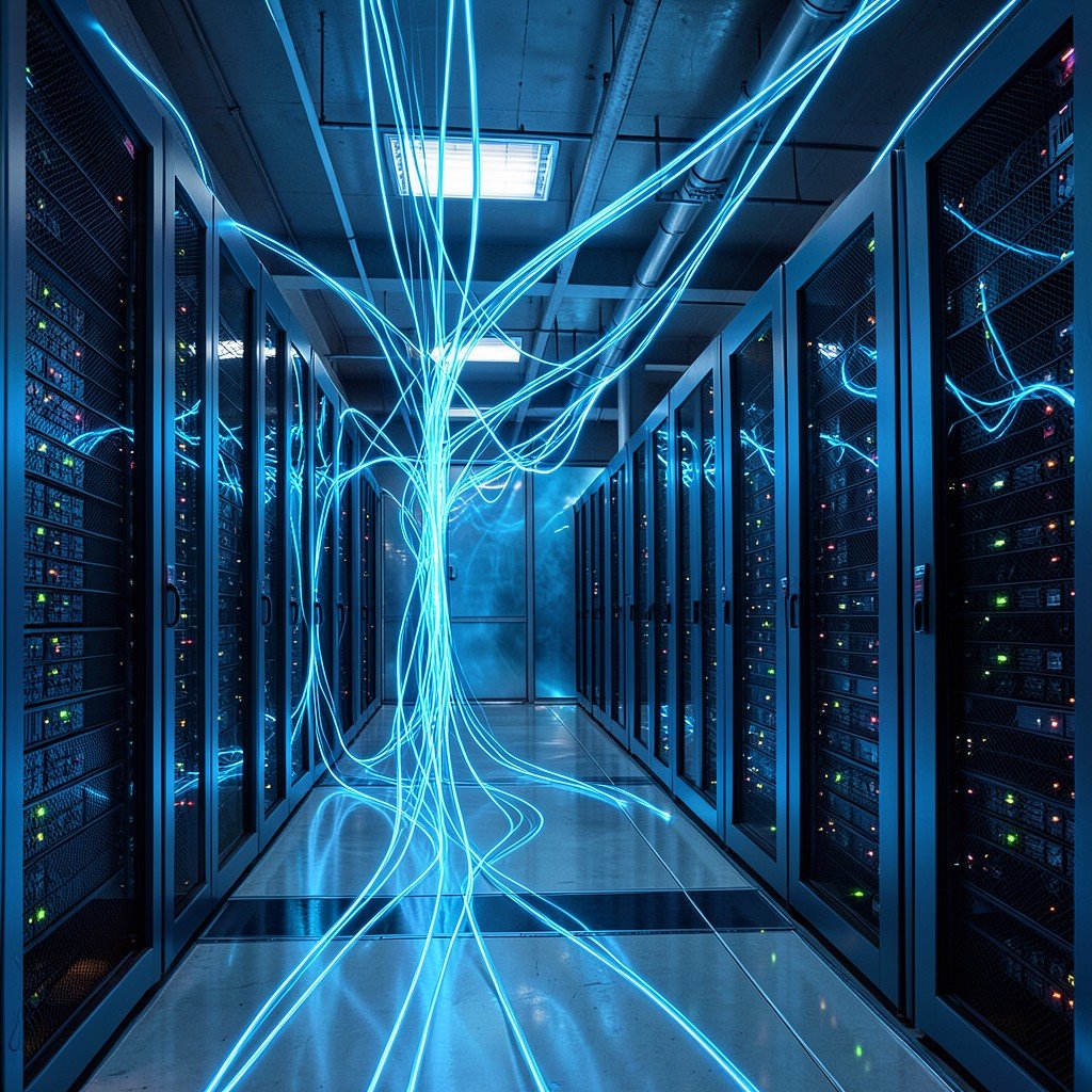 Futuristic data center interior with glowing blue fiber optic cables and server racks, high tech environment, 4:3 ratio