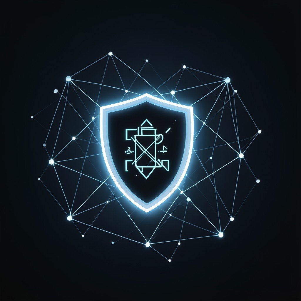 Digital security shield icon integrated into a glowing network interface, minimalist high-end corporate style, 4:3 ratio