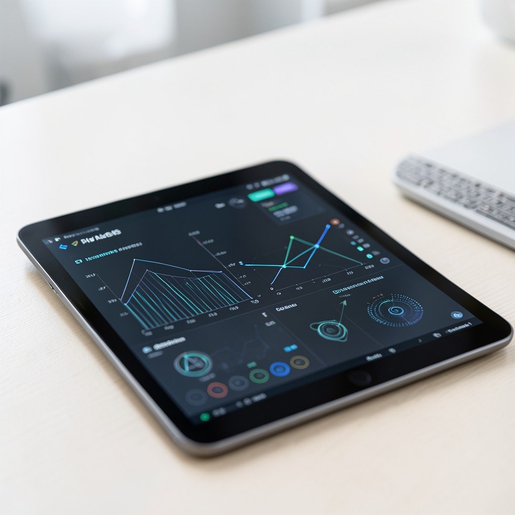 Close-up of a digital tablet showing analytical charts and AI interface, clean office desk, minimalist style, 4:3