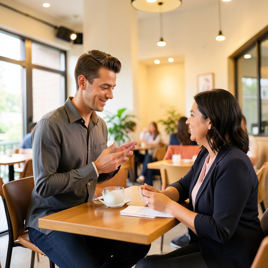 A business owner interacting with a customer in a bright modern cafe, warm indoor atmosphere, realistic professional photography, 4:3