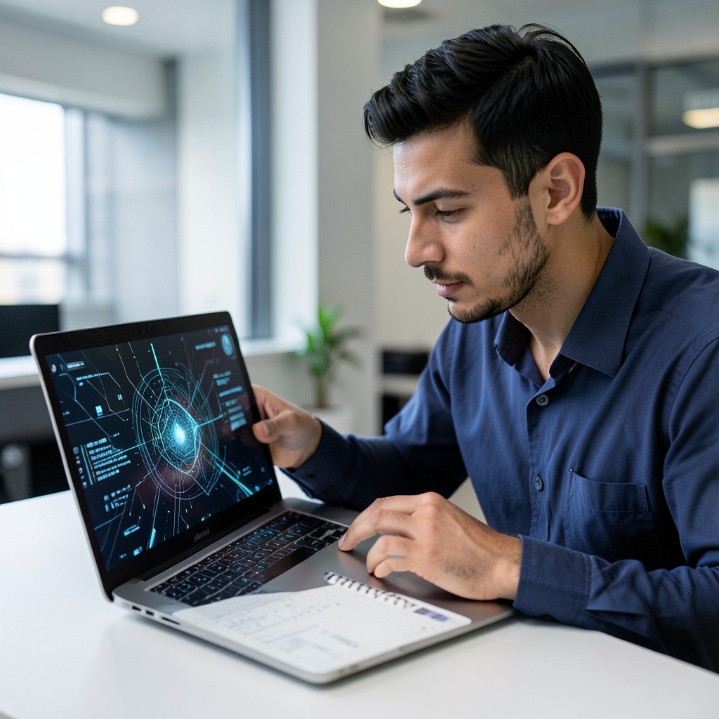 A focused entrepreneur looking at a notebook and laptop screen with complex digital patterns, professional office setting, sharp focus, 4:3