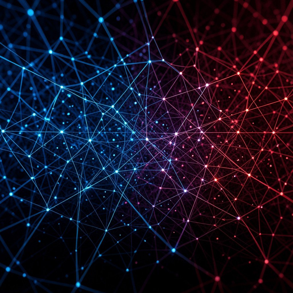 A complex network of glowing digital lines and nodes representing AI-driven cybersecurity landscape, deep blue and red tones, realistic, highly detailed, 4:3 aspect ratio