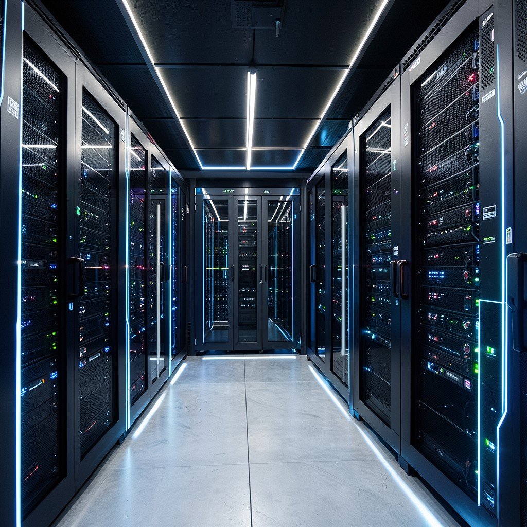 Modern data center interior with futuristic server racks and glowing lights, high contrast, clean, professional photography, 4:3 aspect ratio