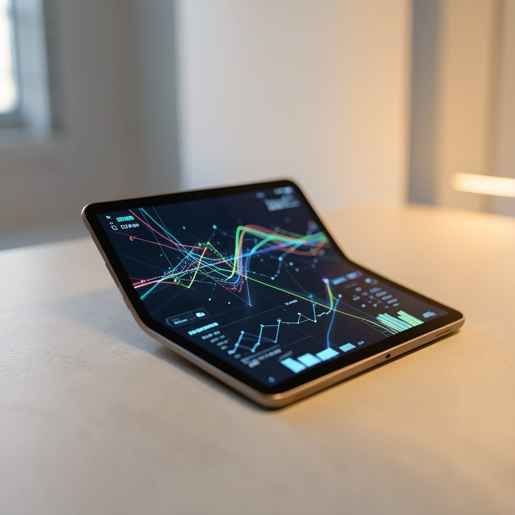A minimalist workspace with a sleek tablet showing abstract data streams and cybersecurity graphs, soft warm office lighting, professional setting, 4:3 aspect ratio