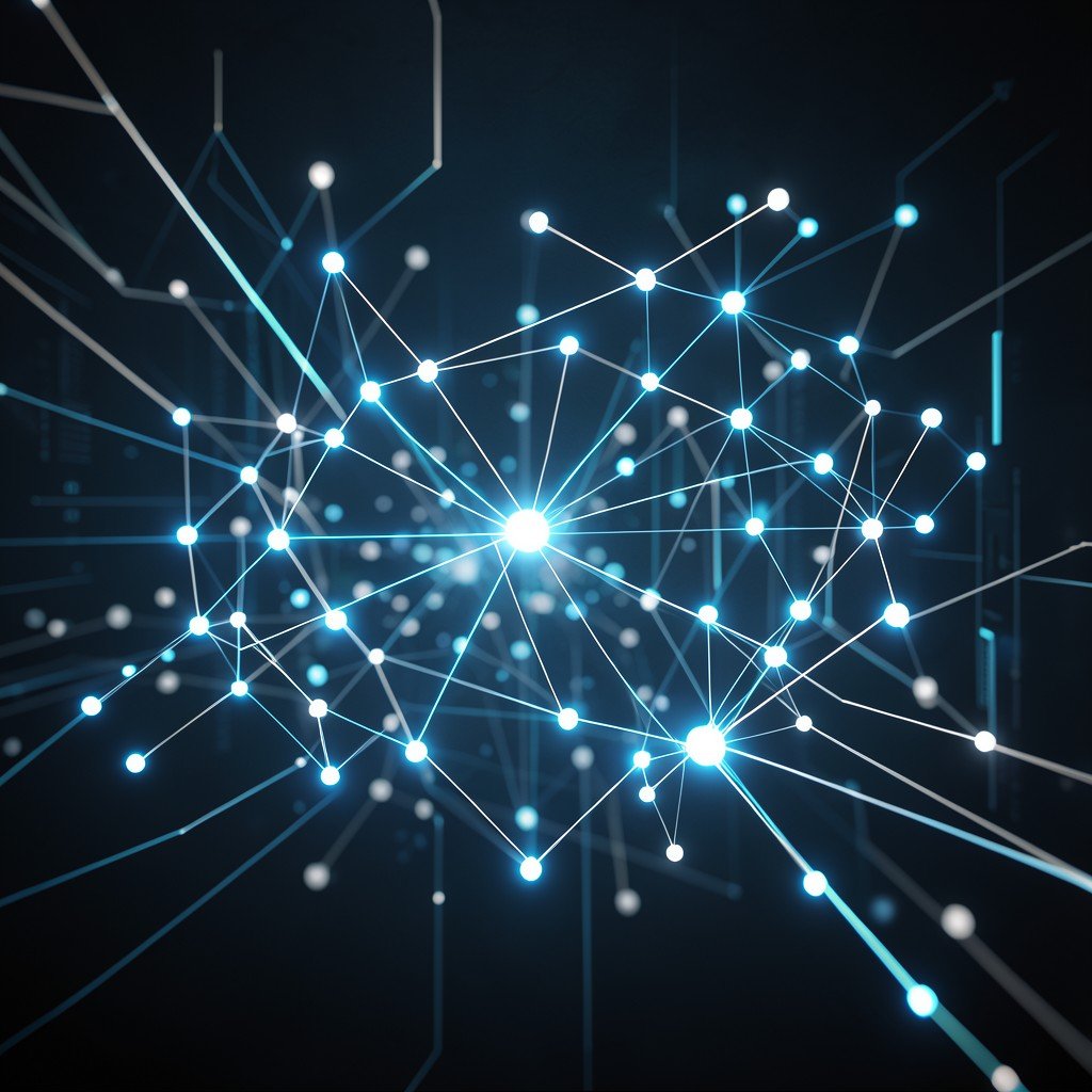 A conceptual representation of AI digital network nodes, glowing blue and white connectivity, high-tech background, minimalist style, 16:9 ratio.