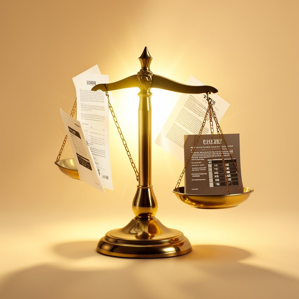 Abstract artistic representation of a scale weighing digital documents against a golden light, balanced composition, soft background, 16:9 ratio.