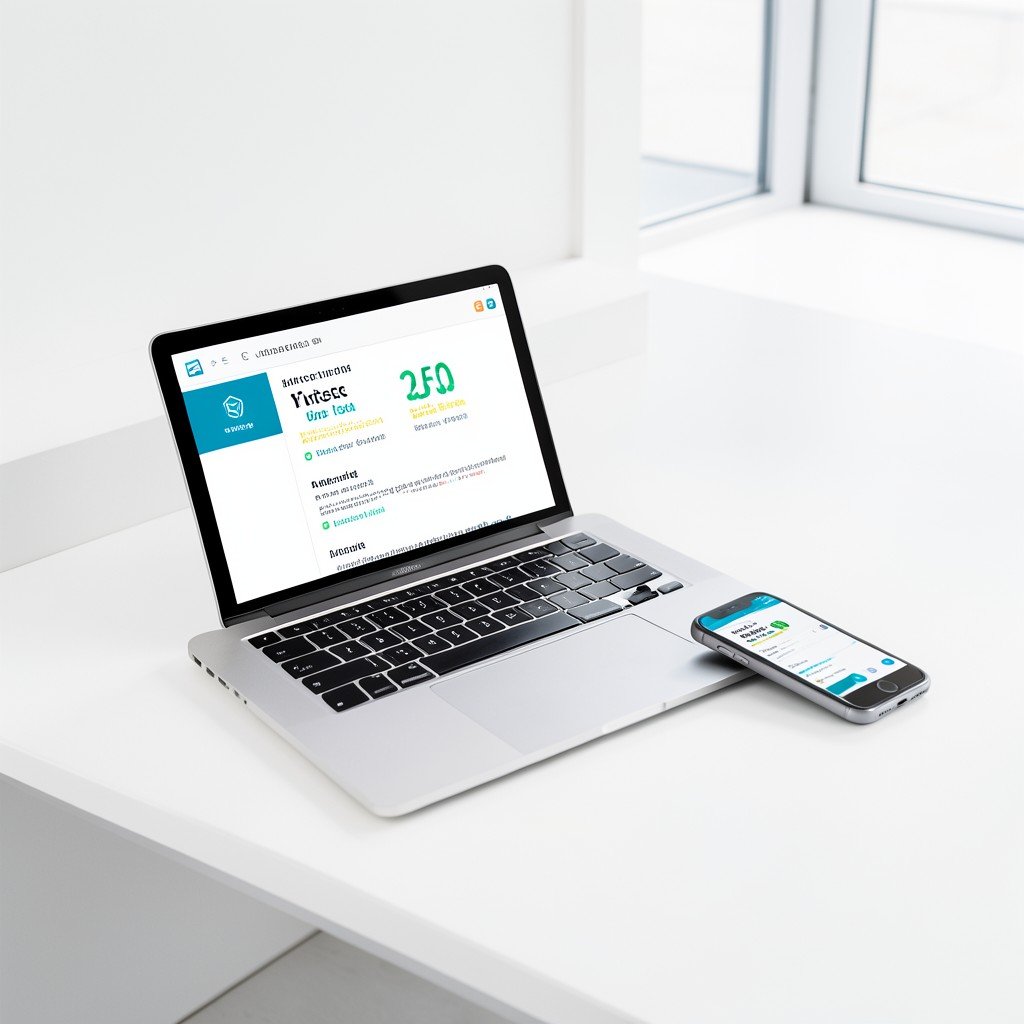 A modern minimalist workspace with a laptop and a smartphone showing a digital insurance interface, bright and clean, 4:3 aspect ratio.