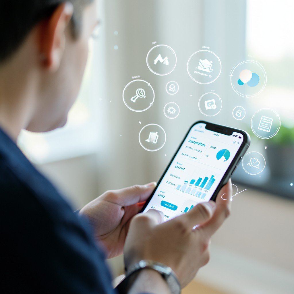 A person looking at a smartphone screen with various insurance data charts and icons floating, soft natural lighting, high-tech vibe, 4:3 aspect ratio.