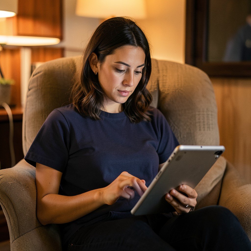A person sitting in a comfortable chair using a tablet to manage personal finances, warm atmosphere, focused expression, 4:3 aspect ratio.