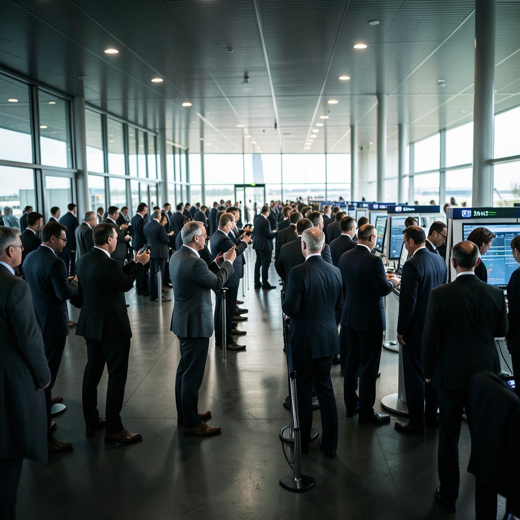 People standing in long queues at airport security checkpoint, professional photography, cinematic lighting, 4:3