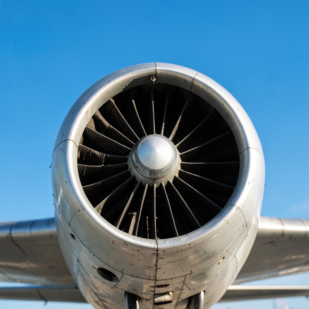 Airplane engine close up against a blue sky, high detail, industrial photography, 1:1