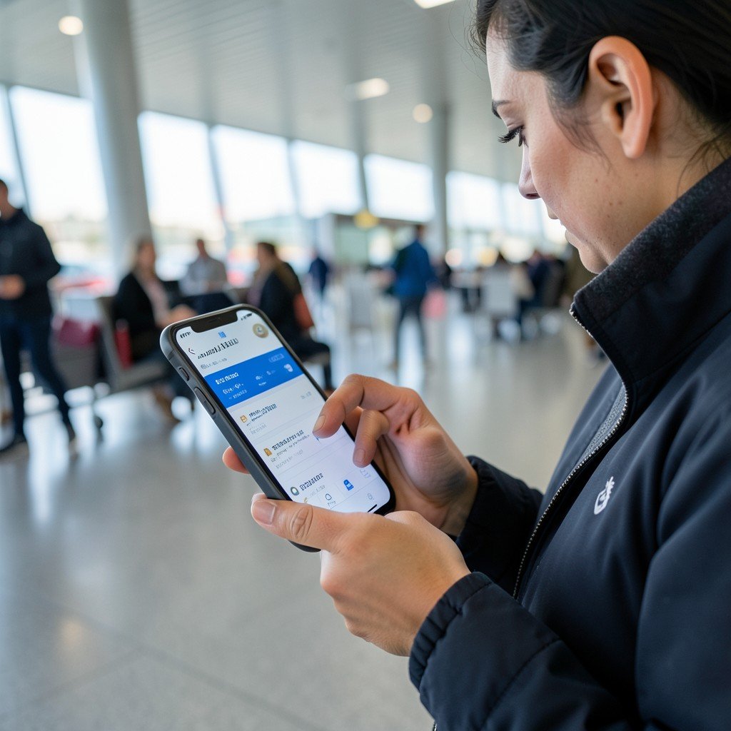 Close up of a traveler checking a smartphone for flight details at an airport, realistic, high quality, 4:3