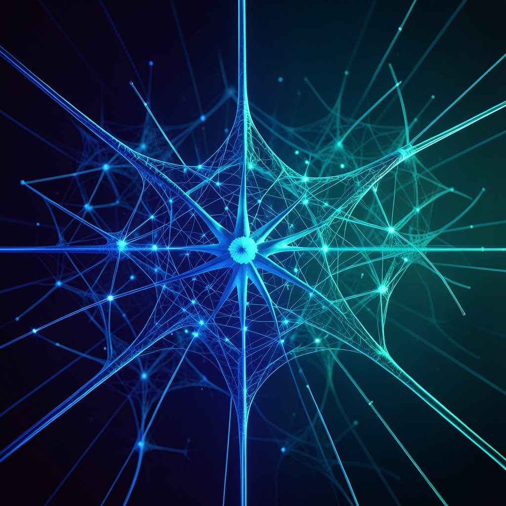 Digital representation of artificial intelligence neural networks, deep blue and teal colors, clean modern tech aesthetic, no text, photorealistic, 4:3 aspect ratio.