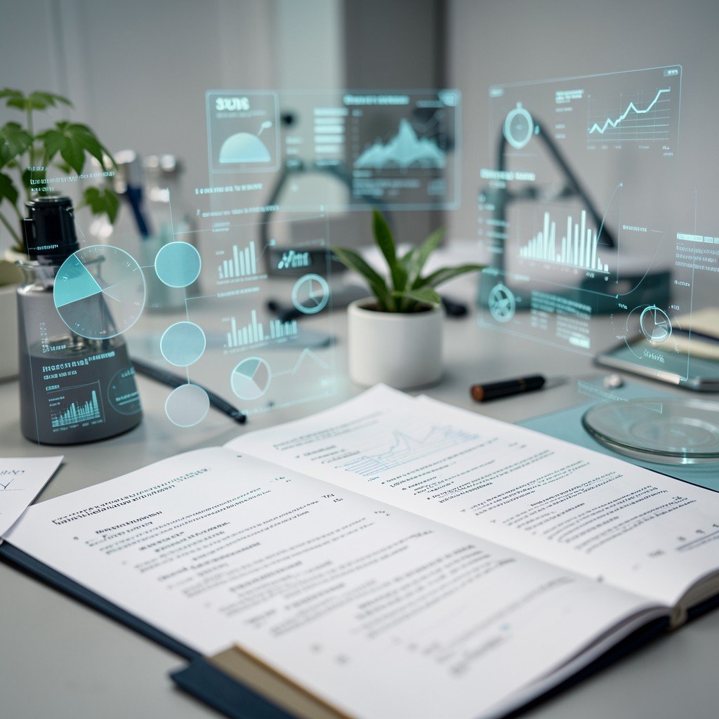 Close up of a researchers workspace with scattered documents and holographic digital charts, professional, soft studio lighting, photorealistic, 4:3 aspect ratio.