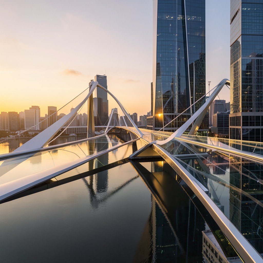 A futuristic city bridge at dawn representing connection and transparency, clean lines, high resolution, warm sunlight, photorealistic, 4:3 aspect ratio.