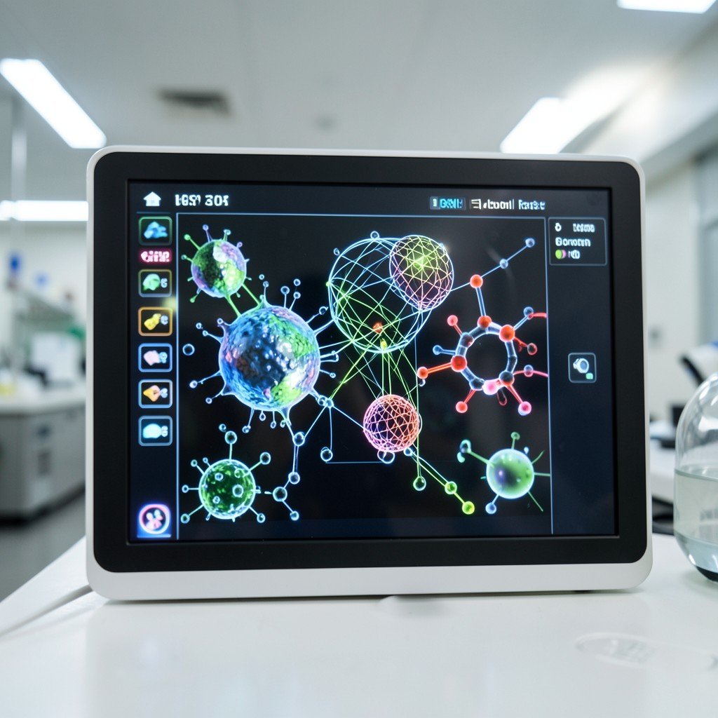 Close-up of a digital display showing complex protein folding and molecular structures in a sterile laboratory setting, soft lighting, 4:3