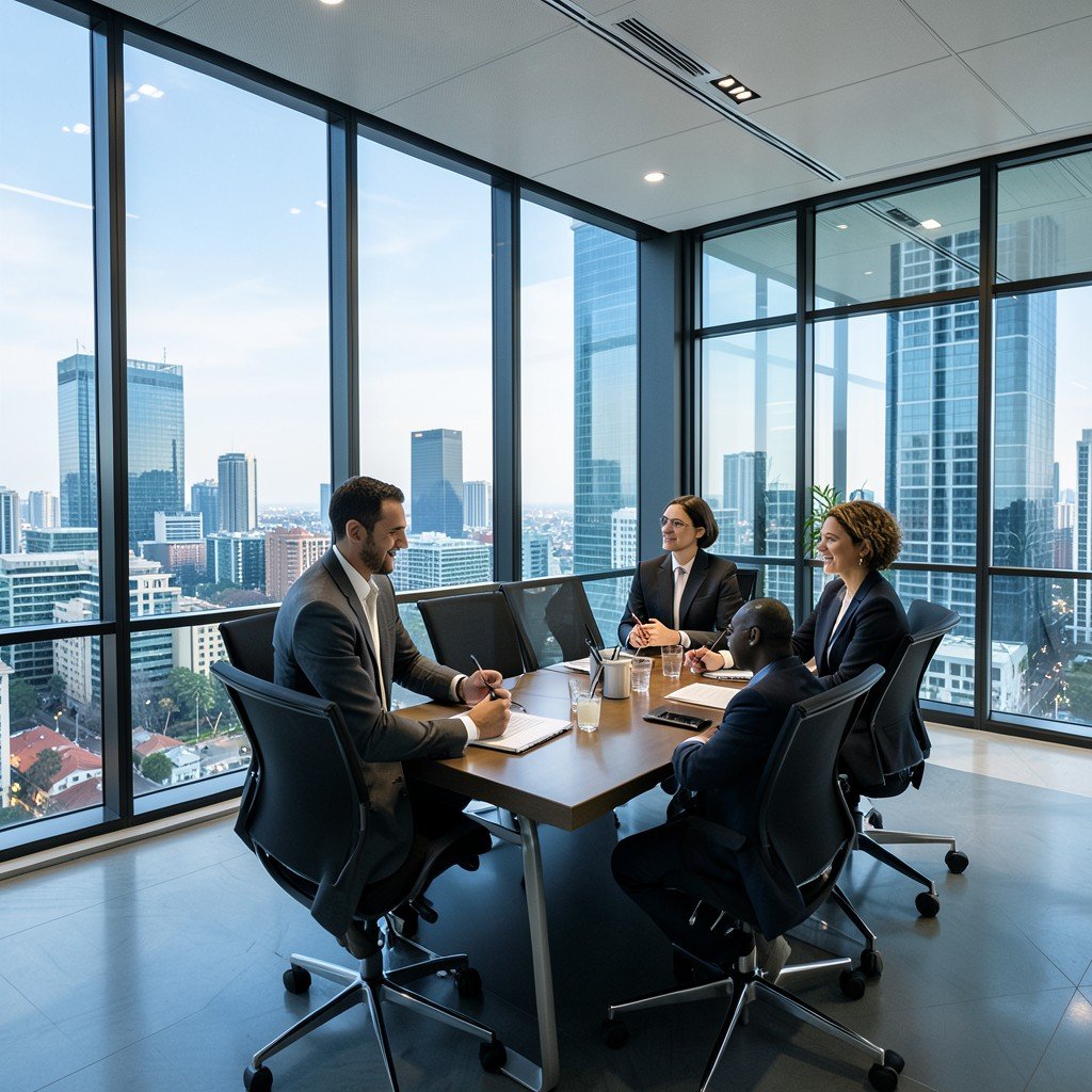A professional business meeting in a high-tech glass-walled office with a view of a modern cityscape, representing global pharmaceutical partnerships, high-end corporate style, 4:3