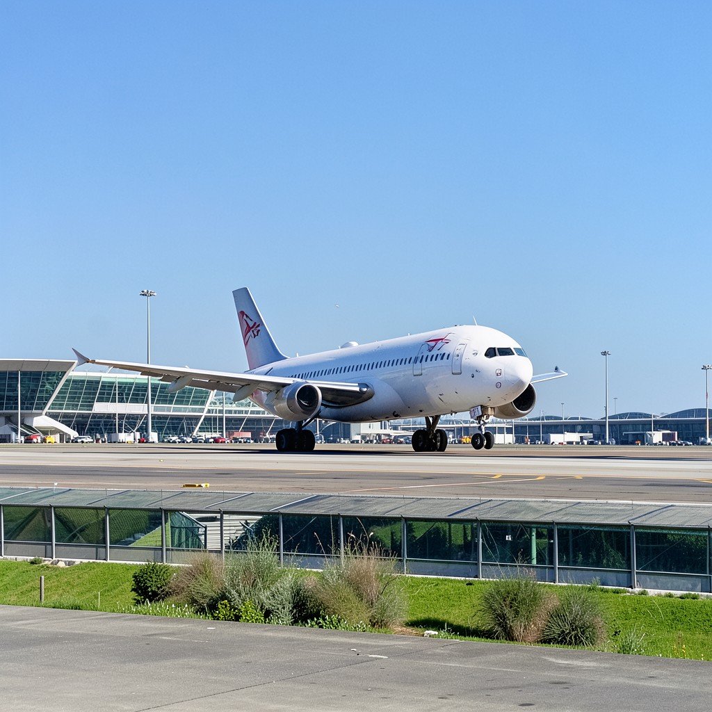 A budget airline passenger airplane taxiing on the airport runway preparing for takeoff, sunny day, clear blue sky, modern airport infrastructure, wide shot, photo realistic, aspect ratio 4:3