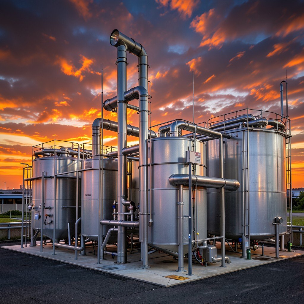 A modern fuel refinery station with metal pipes and storage tanks under a dramatic sunset sky, warm lighting, photography, high quality, aspect ratio 4:3