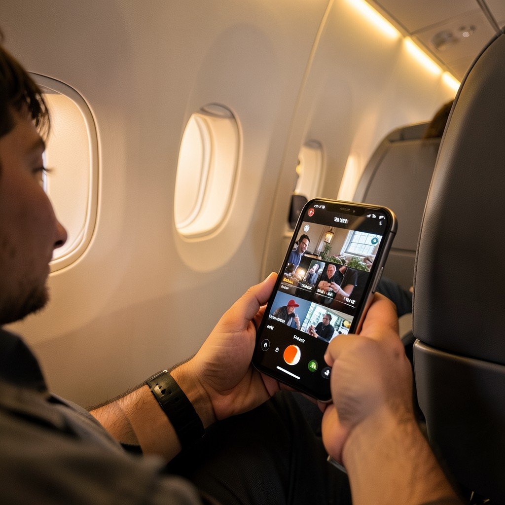 A passenger sitting comfortably in an airplane seat, using a smartphone to stream video, warm and cozy cabin lighting, modern aircraft interior, close-up shot, realistic lifestyle photography, aspect ratio 4:3