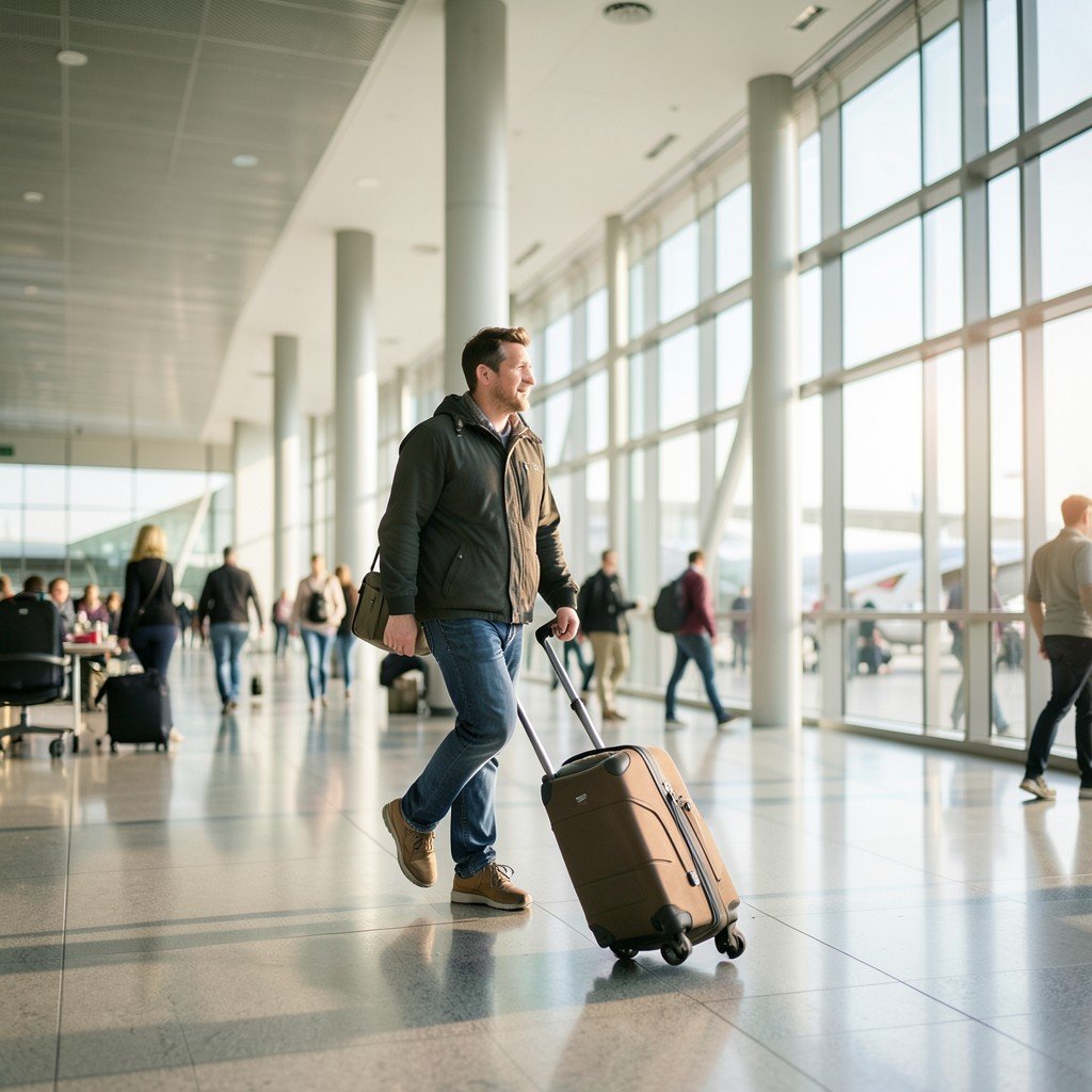 A traveler pulling a rolling suitcase walking through a modern and bright airport terminal, soft sunlight coming through high windows, peaceful atmosphere, realistic travel photography, aspect ratio 4:3