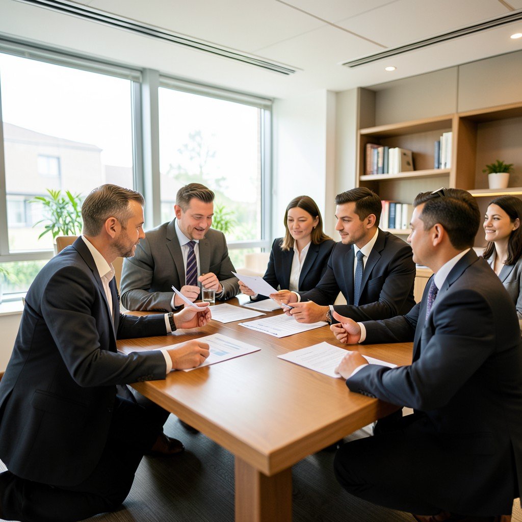 A professional business meeting in a bright modern office, people discussing financial contracts, warm corporate atmosphere, clean and realistic, 4:3