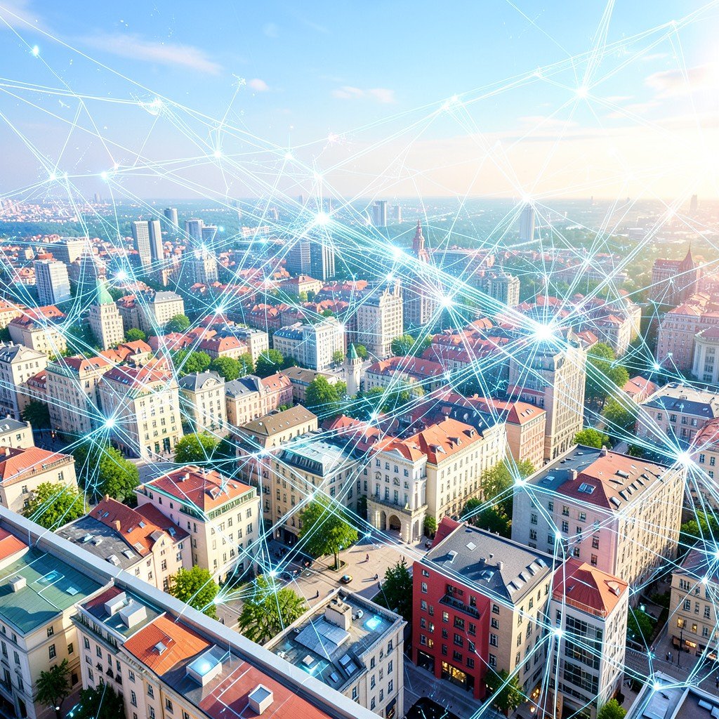 A futuristic digital art concept of AI networks spreading across a stylized European city landscape, bright and modern aesthetic, 4:3