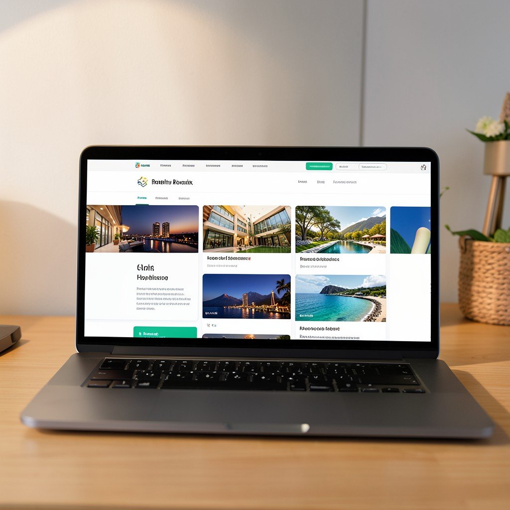 A modern laptop displaying a highly personalized travel booking website with clean design showing tailored hotel recommendations, soft desk lighting, 4:3