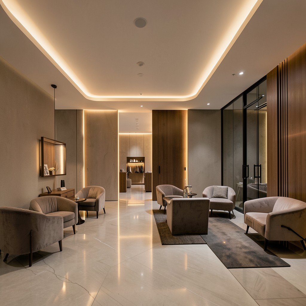 A stylish and contemporary boutique hotel lobby with minimalist design, warm interior lighting, elegant furniture, professional atmosphere, 4:3