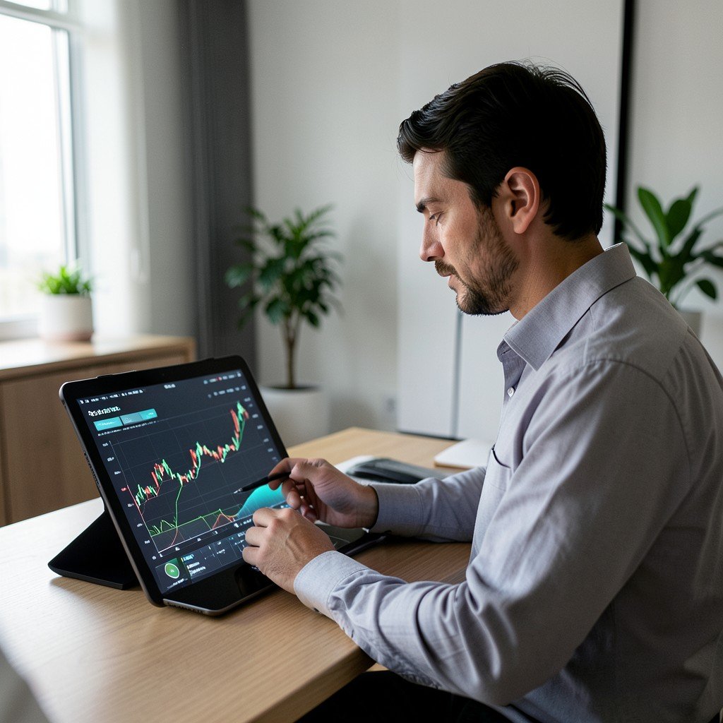 An investor analyzing financial stock charts on a tablet screen in a modern home office, focused composition, professional and calm mood, 4:3